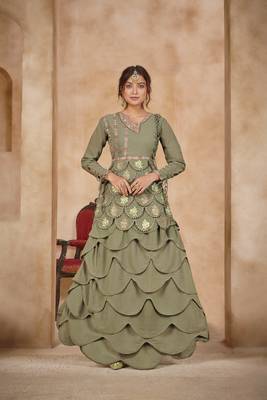 Green Color Embroidered Faux Georgette Semi Stitched Lehenga Suit 1