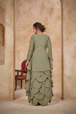 Green Color Embroidered Faux Georgette Semi Stitched Lehenga Suit 2