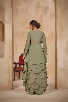Green Color Embroidered Faux Georgette Semi Stitched Lehenga Suit