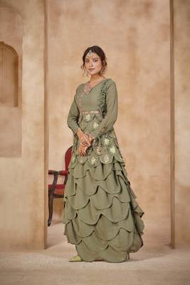 Green Color Embroidered Faux Georgette Semi Stitched Lehenga Suit 3
