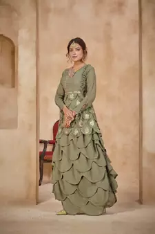 Green Color Embroidered Faux Georgette Semi Stitched Lehenga Suit