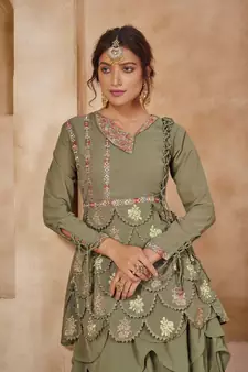 Green Color Embroidered Faux Georgette Semi Stitched Lehenga Suit