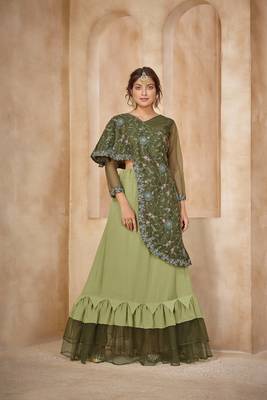 Green Color Solid Faux Georgette Semi Stitched Lehenga With Jacket 1