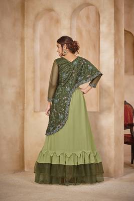 Green Color Solid Faux Georgette Semi Stitched Lehenga With Jacket 2