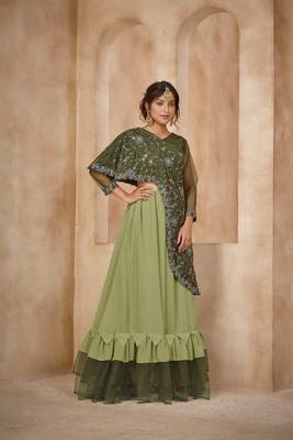 Green Color Solid Faux Georgette Semi Stitched Lehenga With Jacket 3