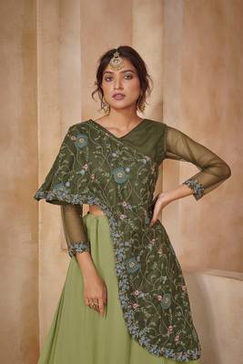 Green Color Solid Faux Georgette Semi Stitched Lehenga With Jacket 4