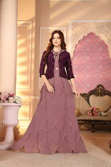 Purple Color Embroidered Faux Georgette Semi Stitched Lehenga With Jacket