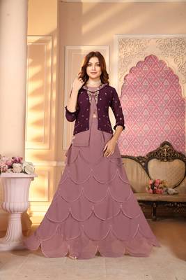 Purple Color Embroidered Faux Georgette Semi Stitched Lehenga With Jacket 2