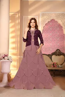 Purple Color Embroidered Faux Georgette Semi Stitched Lehenga With Jacket