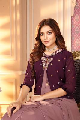 Purple Color Embroidered Faux Georgette Semi Stitched Lehenga With Jacket 3