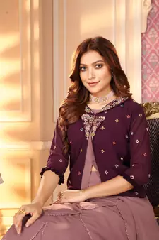 Purple Color Embroidered Faux Georgette Semi Stitched Lehenga With Jacket