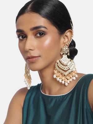 Designer Traditional Long Earrings Enamel Glided With Kundans & Pearls  4