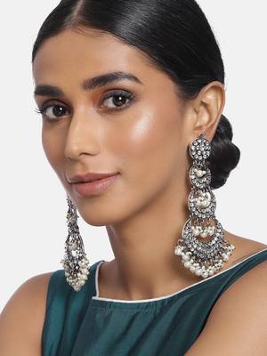 Silver Oxidised Intricately Designed Traditional Earrings with Hair Chain Encased With Kundans & Pearls  4