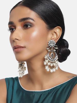 Silver Oxidised Traditional Handcrafted Pearl Kundan Beaded Chandbali Earrings for   Girls  4