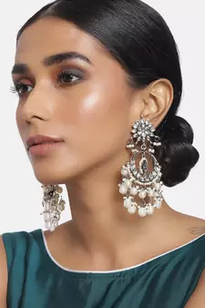 Silver Oxidised Traditional Handcrafted Pearl Kundan Beaded Chandbali Earrings for   Girls 
