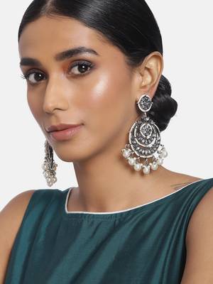 Silver Oxidised Intricately Designed Traditional Beaded Chandbali Earrings Glided With Kundans & Pearls  4