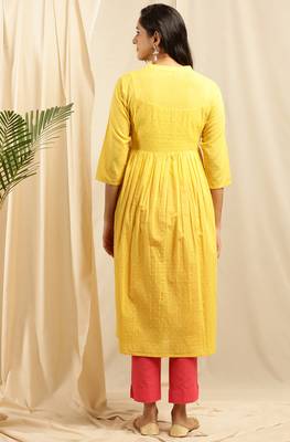 Yellow embroidered cotton kurtas-and-kurtis 4