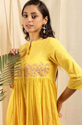 Yellow embroidered cotton kurtas-and-kurtis 5