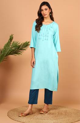 Turquoise embroidered rayon kurtas-and-kurtis 1
