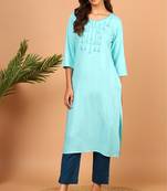 Turquoise embroidered rayon kurtas-and-kurtis
