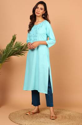 Turquoise embroidered rayon kurtas-and-kurtis 2