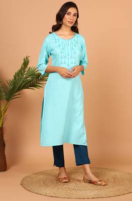 Turquoise embroidered rayon kurtas-and-kurtis 3