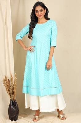 Turquoise printed rayon kurtas-and-kurtis 1