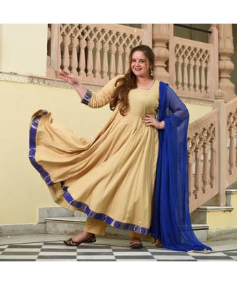 Beige Blue Winged Rayon Anarkali Set 1