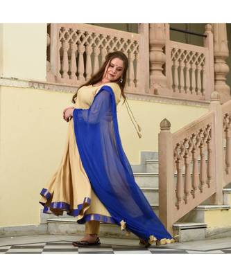 Beige Blue Winged Rayon Anarkali Set 2
