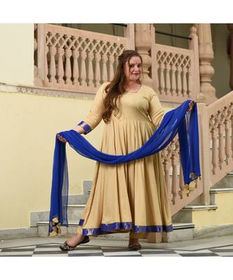 Beige Blue Winged Rayon Anarkali Set 4