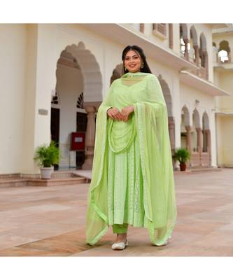 Spring Bud Green Chikan Anarkali Set 1