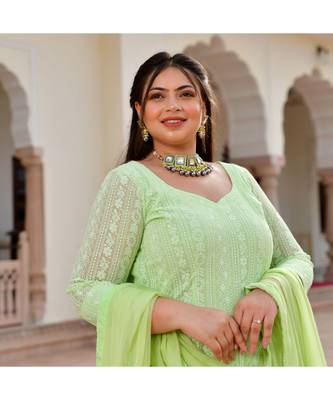 Spring Bud Green Chikan Anarkali Set 2