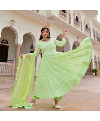 Spring Bud Green Chikan Anarkali Set 3
