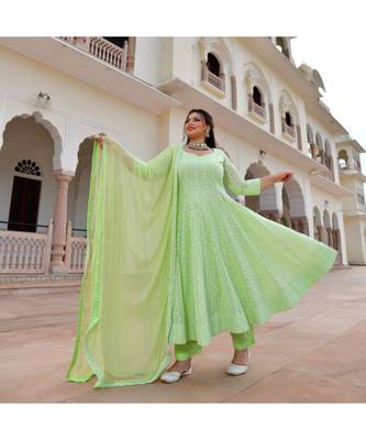 Spring Bud Green Chikan Anarkali Set 5