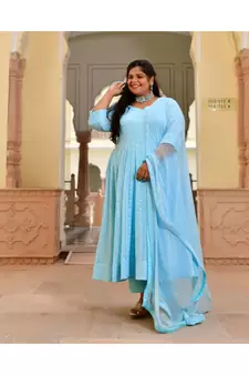 Day Sky Blue Chikan Anarkali Set