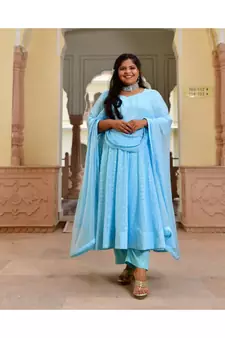 Day Sky Blue Chikan Anarkali Set