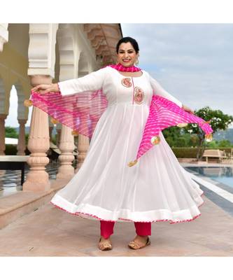 Rose White Pure Georgette Gota Anarkali With Leheriya Dupatta & Pants 2