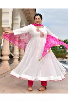 Rose White Pure Georgette Gota Anarkali With Leheriya Dupatta & Pants