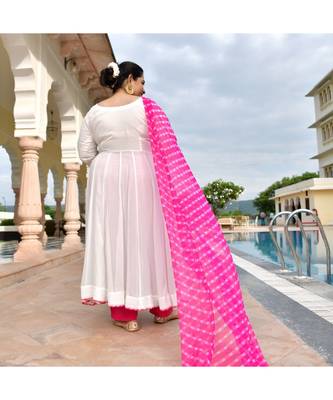 Rose White Pure Georgette Gota Anarkali With Leheriya Dupatta & Pants 3