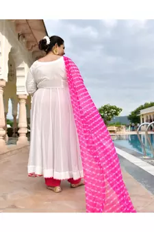 Rose White Pure Georgette Gota Anarkali With Leheriya Dupatta & Pants
