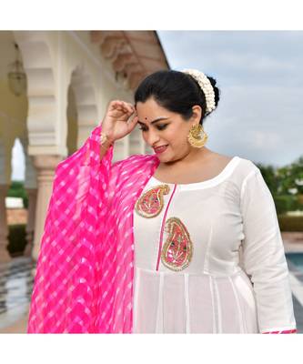 Rose White Pure Georgette Gota Anarkali With Leheriya Dupatta & Pants 4