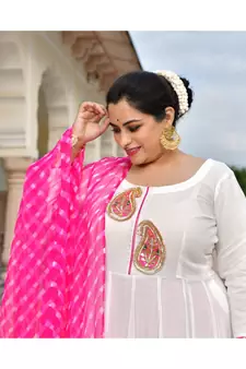 Rose White Pure Georgette Gota Anarkali With Leheriya Dupatta & Pants