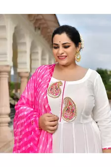 Rose White Pure Georgette Gota Anarkali With Leheriya Dupatta & Pants