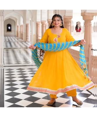 Sunflower Yellow Pure Georgette Gota Anarkali With Leheriya Dupatta & Pants 1