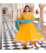 Sunflower Yellow Pure Georgette Gota Anarkali With Leheriya Dupatta & Pants