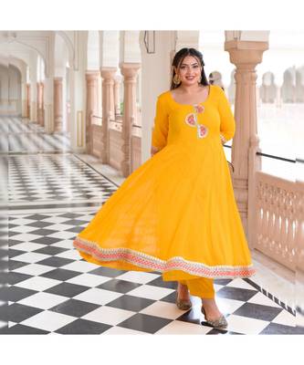 Sunflower Yellow Pure Georgette Gota Anarkali With Leheriya Dupatta & Pants 2