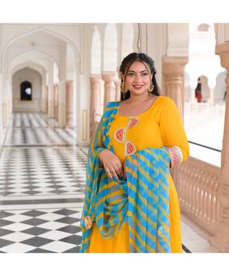 Sunflower Yellow Pure Georgette Gota Anarkali With Leheriya Dupatta & Pants 3