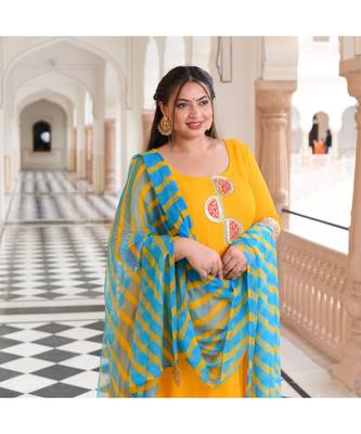 Sunflower Yellow Pure Georgette Gota Anarkali With Leheriya Dupatta & Pants 4