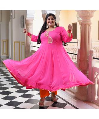 Dark Pink Pure Georgette Gota Anarkali With Leheriya Dupatta & Pants 2