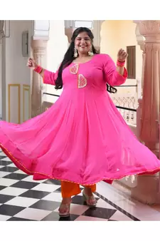 Dark Pink Pure Georgette Gota Anarkali With Leheriya Dupatta & Pants